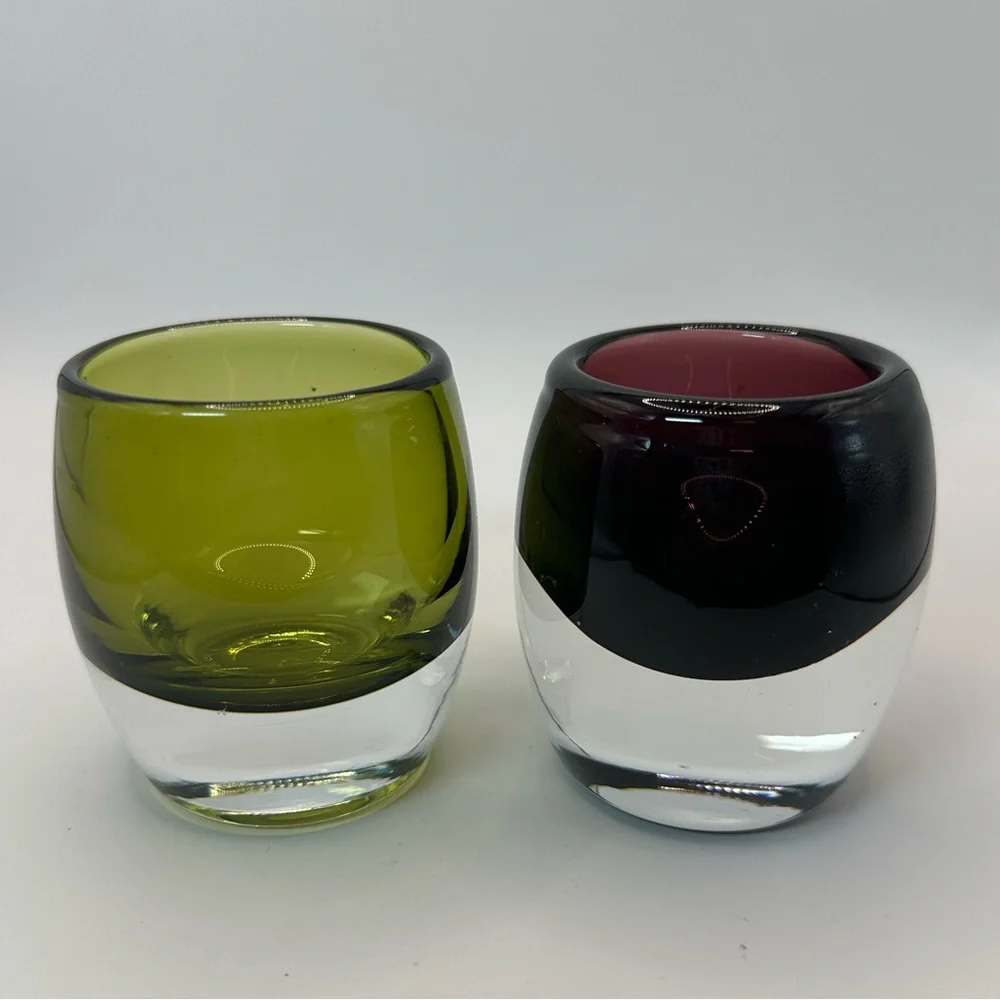 Set of Two Glass Candle Holders - Green and Dark Red